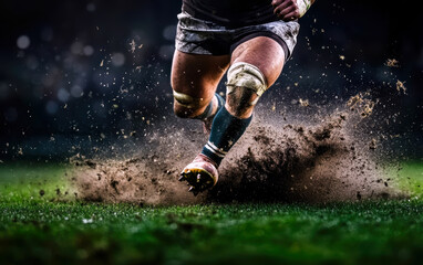 A dynamic action shot of a rugby player sprinting, showcasing the sport's intensity and athleticism as mud and grass fly beneath their feet.