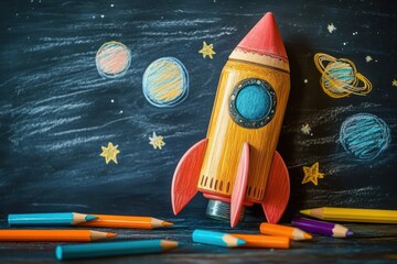 Whimsical Rocket Ship Made From Pencils Illustration for Back to School Education and Space Theme