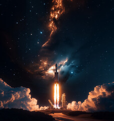 Obraz premium Lançamento espetacular de foguete em céu estrelado com galáxia e nebulosas