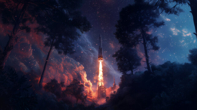 Decolagem dram&aacute;tica de foguete em floresta noturna com c&eacute;u estrelado