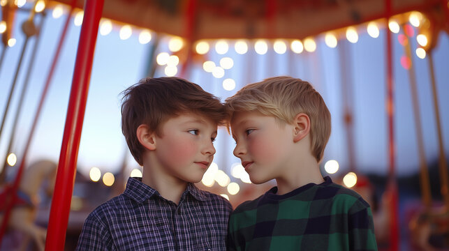 Amizade infantil entre meninos em parque de divers&otilde;es iluminado