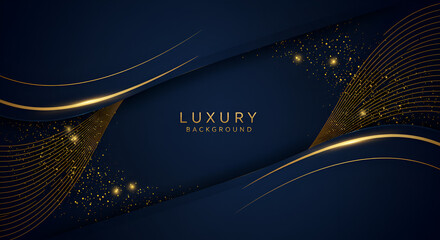 Luxury dark blue background with halftone gold line curved and lighting effect.Blue luxury background with golden line, blue curve, shiny dots and glitter light effect. Elegant style design.