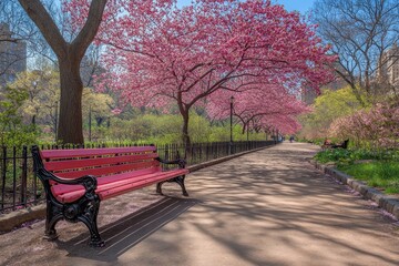 Naklejka premium Serene Park Pathway with Pink Cherry Blossom Trees in Spring