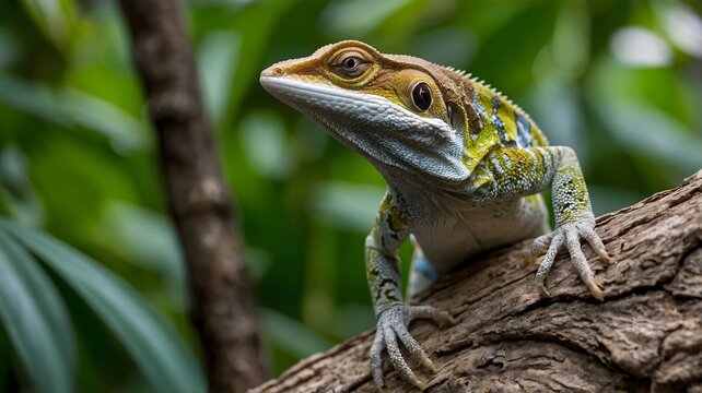 Lizard on Tree Trunk Surrounded by Lush Foliage