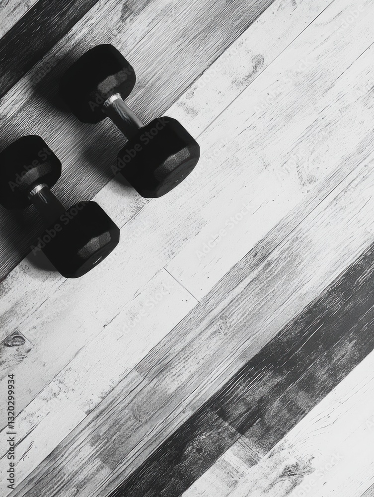Aufkleber minimalist black and white dumbbells resting on textured wooden floor with diagonal lines and ample 