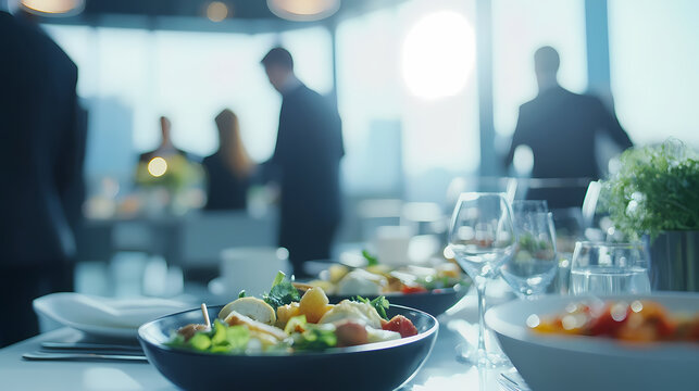 Lunchtime Business: A sophisticated corporate lunch scene unfolds, featuring artfully arranged salads in the foreground.