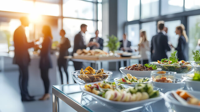 Corporate Gathering with Culinary Delights: A sun-drenched business function, where colleagues engage in animated conversations near a lavish buffet. The array of delectable dishes takes center stage.