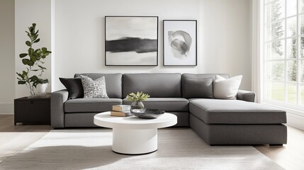 Modern grey sectional sofa white coffee table abstract art AI generated