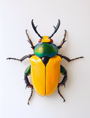 This stunning close-up displays a colorful beetle with striking yellow, green, and black hues, highlighting its intricate patterns and unique features.