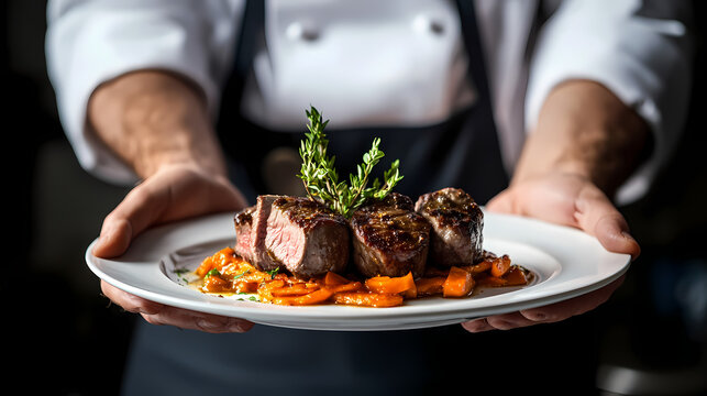 Culinary Masterpiece Presentation: A skilled chef presents a gourmet dish with precision, showcasing the art of food in a professional kitchen. capturing the essence of gastronomy, culinary expertise.