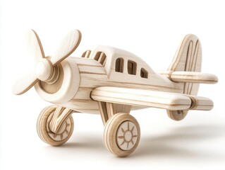 Fototapeta premium Beige Wooden Toy Airplane Model on White Background