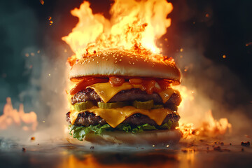 Flaming Burger: A mouthwatering double cheeseburger engulfed in flames, showcasing a fiery and intense culinary creation.