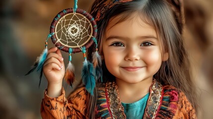 Young Girl Smiling with Dream Catcher in Colorful Traditional Attire