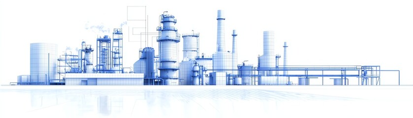 Abstract industrial complex with towers and pipes depicted in blue tones against a white background for a modern aesthetic.