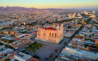 Aerial view of the Expiatory Temple at sunset, symbol of the city of Leon Guanajuato for its neo-gothic style. © Jorch
