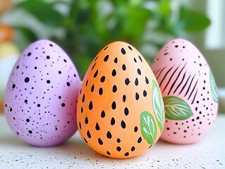 Three vibrantly painted decorative eggs in a closeup composition