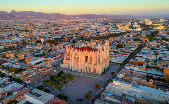 Aerial view of the Expiatory Temple at sunset, symbol of the city of Leon Guanajuato for its neo-gothic style.