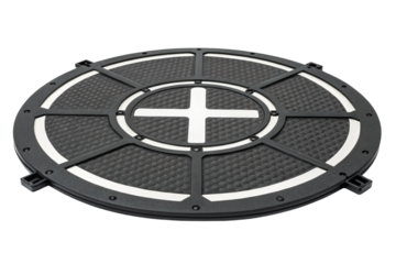 Black round platform with white cross isolated with transparent background