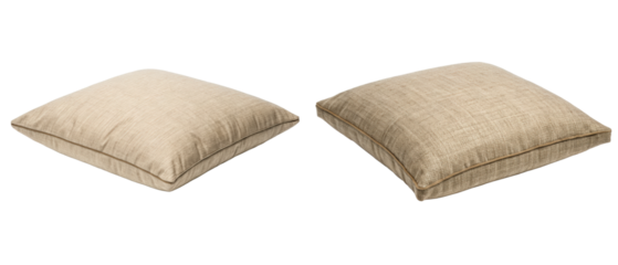 Pair of beige square decorative pillows isolated with transparent background