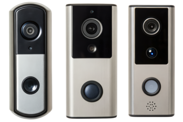 Three smart video doorbells isolated with transparent background