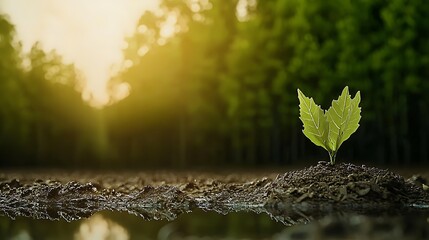 Naklejka premium Young green plant sprouting from soil in serene forest setting with sunlight filtering through trees