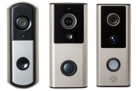 Three smart video doorbells isolated with transparent background