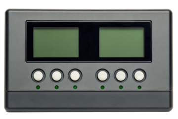Black control panel with LCD screens and buttons isolated with transparent background