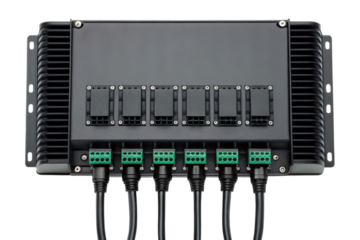 Black industrial control unit with cables isolated with transparent background