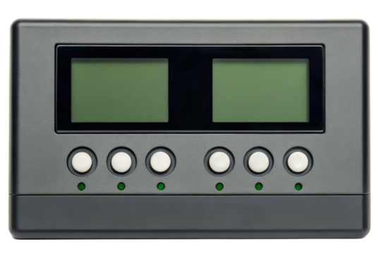 Black control panel with LCD screens and buttons isolated with transparent background