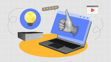 halftone collage, Online learning and digital education with a laptop, book, light bulb, and thumbs-up. e-learning, virtual courses, knowledge sharing, and remote study success