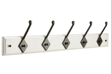 White wall mounted coat rack with hooks isolated with transparent background