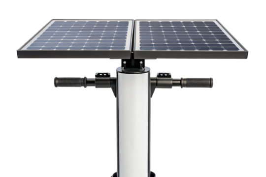 Dual solar panels mounted on adjustable stand isolated with transparent background