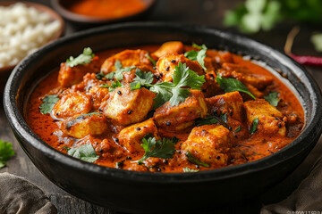 Delicious spicy chicken curry with herbs and rice