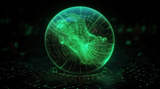 Glowing Green Holographic Sphere with Geometric Patterns and Neon Lighting in Cyberpunk Style
