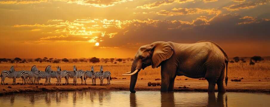 An elephant and zebras sharing water at sunset in the landscape