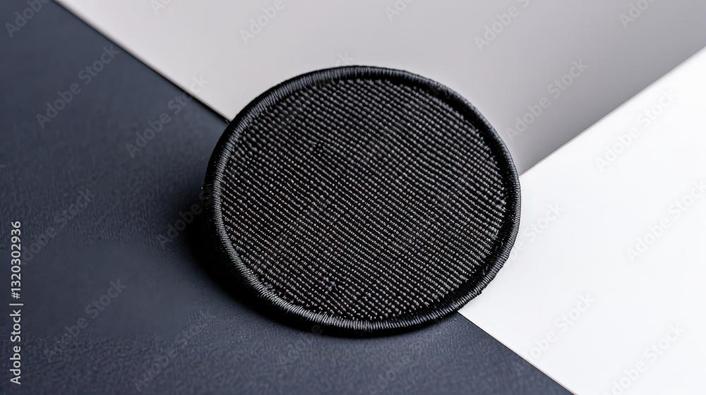 Poster black circular fabric patch with finely woven texture is placed on contrasting black and white backg