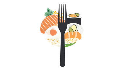 Fork and Food Fusion: A culinary artistry combining a fork with diverse sushi and salmon, symbolizing gastronomic delight and the art of food preparation.