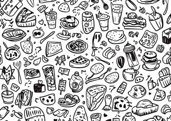 Culinary Collage: A detailed hand-drawn illustration of a diverse array of food and drinks, forming a whimsical and appetizing design,perfect for a food-related theme