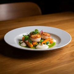 Seared Scallops with Seasonal Vegetables: A culinary masterpiece featuring perfectly seared scallops atop a bed of vibrant seasonal vegetables, presented on a pristine white plate.