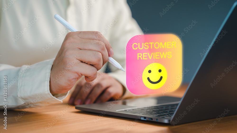 Poster customer select a happy face icon from a feedback. business concept of customer service satisfaction