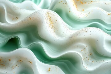 Abstract Green Wave Background with Delicate Gold Dots and Soft Pastel Tones