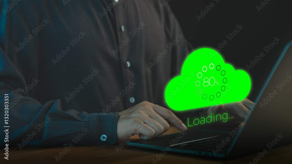 Poster Person using a laptop computer with a glowing green cloud upload icon and loading progress bar, representing cloud computing, data transfer, internet of things, and digital technology.