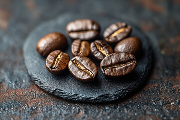 Fototapeta premium Fresh roasted coffee beans on dark stone plate