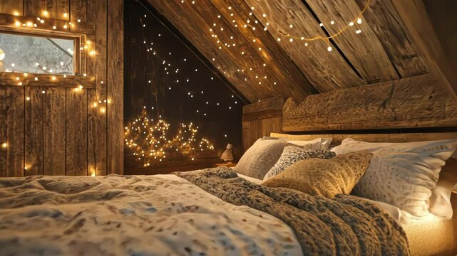 Cozy attic bedroom with warm lights and rustic wooden decor.