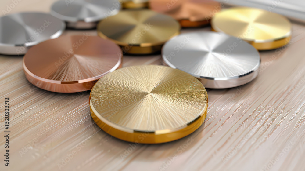 Aufkleber collection of metallic circular buttons with brushed finish in various colors, including gold, silve