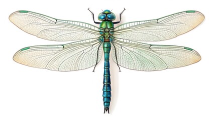Dragonfly's Fine Structure: A meticulously detailed illustration showcases a dragonfly, its delicate wings spread wide to reveal their intricate veins and the striking colors of its body