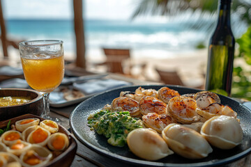 Delicious seafood platter with drinks by beach