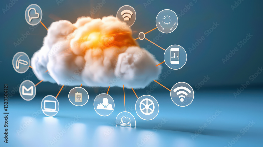 Poster glowing digital cloud with interconnected network icons representing various technologies and services, symbolizing futuristic cloud computing and data management