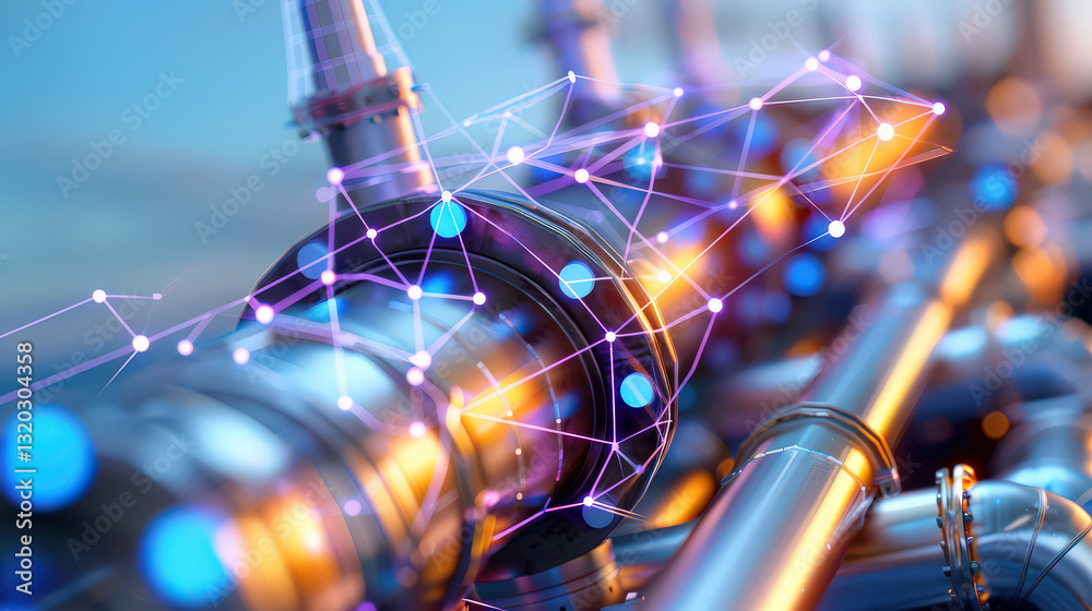 Poster futuristic digital wireframe rendering of industrial pipeline network, showcasing interconnected metallic pipes with glowing nodes and lines, symbolizing advanced technology and connectivity