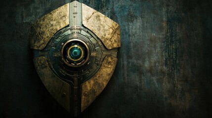 Shield featuring cybernetic patterns and robotic eye symbolizing artificial intelligence in cybersecurity with space for text